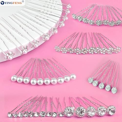 60 Pcs 7 Styles Silver Bridal Wedding Hair Pins, YINGFENG Flower Hair Clips for Women, U Shaped Crystal Pearl Hair Clips, Suitable for Brides, Bridesmaids, Women's Wedding Hair Accessories