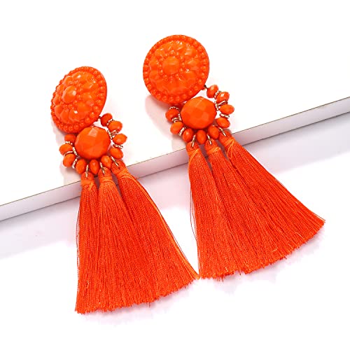 boderier Bohemian Statement Thread Tassel Chandelier Drop Dangle Earrings with Cassandra Button Stud - color: Orange