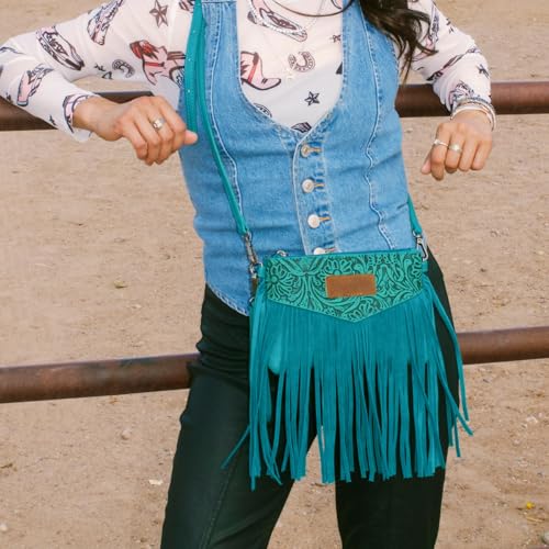 Wrangler Crossbody Small Purse for Women Wristlet Fringe Bag Western Purse - color: Angel Turquoise