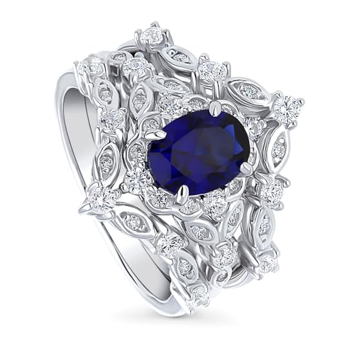 BERRICLE Sterling Silver CZ Halo Wedding Engagement Rings for Women, Oval Cut Cubic Zirconia, 1-3 Piece Sets, Pink/Blue/Clear - style: 3 Piece Set, Sapphire