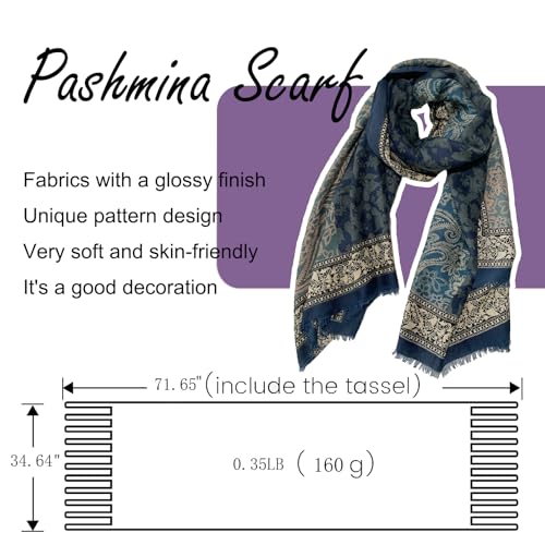Paisley Pashmina Feel Shawls Wraps for Women Rave Scarf Soft Silky Exotic Boho All Seasons - color: Dark Blue