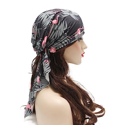 ZLYC Chemo Headwear Pre Tied Head Scarf Headwraps Lightweight Turban Beanie Cap for Women - color: Flamingo Black