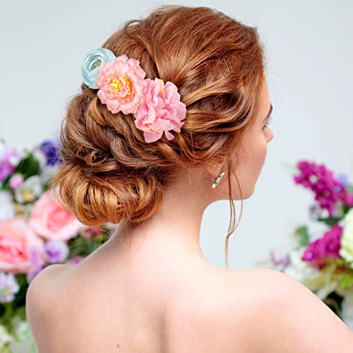 BBTO 21 Pcs Flower Hair Clip Rose Hair Clips Barrettes for Women Flower Accessories Boho Bride Claw Clip Hairpin Brooch Pin Headpiece for Wedding (Blue,Purple) - color: Blue, Purple