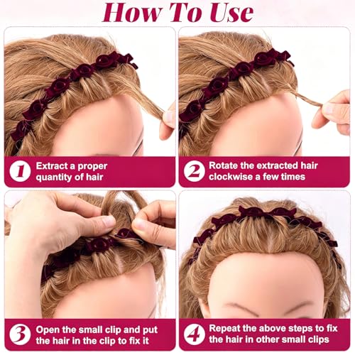 3 Pcs Headband with Clips, 90s Butterfly Hair Clips Headband with Teeth for Women, Braided Weave Bangs Non-Slip Clip Headbands Hair Accessories for Styling Decoration- 3 Colors - color: 1 Pcs Flocked Red, 1 Pcs Flocked Black, 1 Pcs Flocked Dark Brown