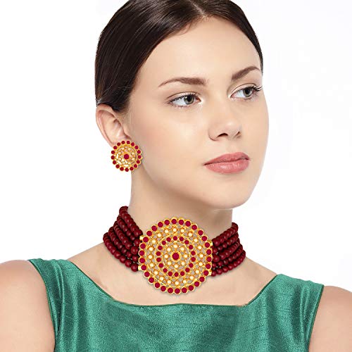 Aheli Pearl Diamond Choker Necklace & Round Earrings Gift for Women Indian Traditional Bollywood Fashion Bharatanatyam jewellery set - color: Maroon 1