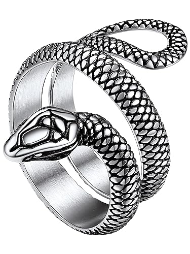 Stainless Steel/18K Gold Plated/Black Snake Ring for Men Women Size 7-12 Serpent Reptile Rings Punk Gothic Jewelry(with Gift Box) - color: 01-Steel