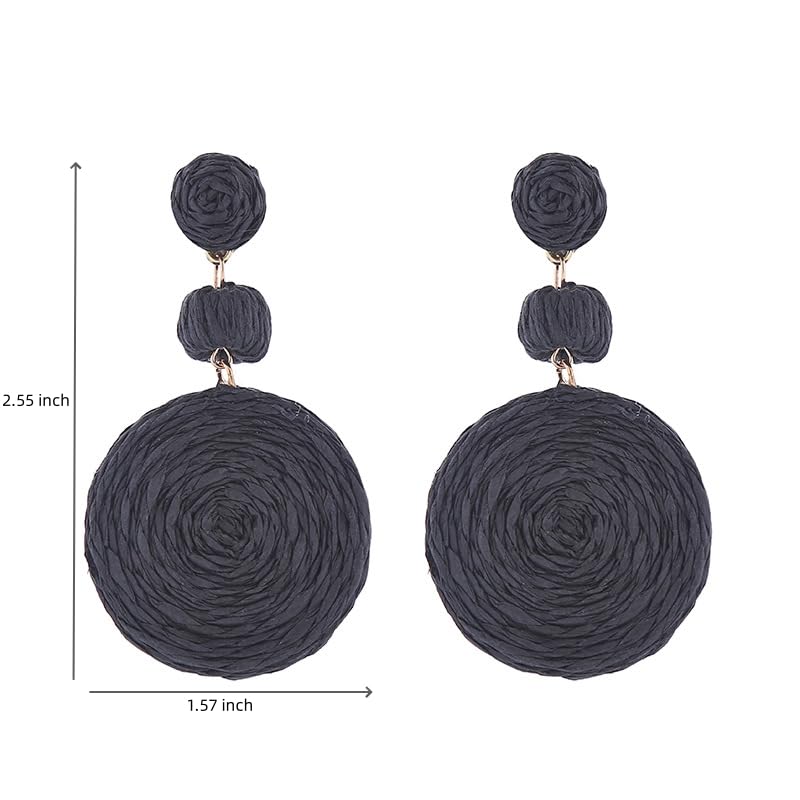 Boho Raffia Ball Earrings for Women, Handmade Statement Drop Earrings Straw Dangle Earrings Beach Vacation Jewelry - color: Black