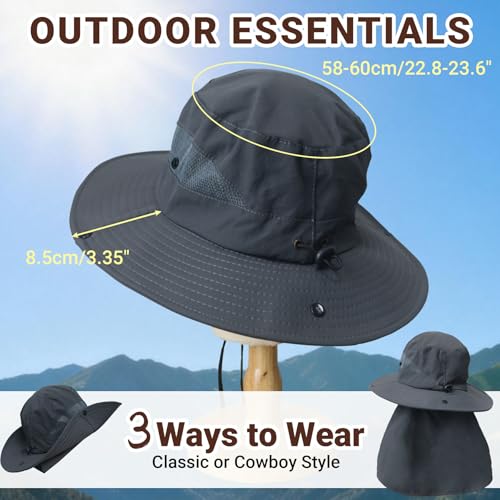 PFFY Sun Bucket Hats for Men Women Fishing Hat UV Protection Wide Brim Beach Safari Hat with Neck Flap - color: Black (With Neck Flap)