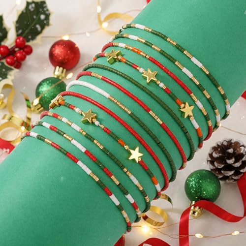 Dainty Gold Beaded Star Bracelets Stack for Women,Handmade Boho Colorful Beads Bracelet Fashion Prom Holiday Jewelry Gift Friendship Family - color: Christmas