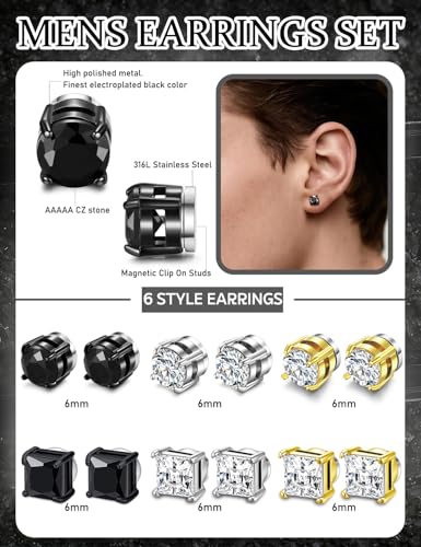 SIISPRI Magnetic Stud Earrings for Women Men Clip on Stud Earring Hypoallergenic Fake Earring Unisex Non Piercing CZ Halo Studs Diamond Earrings,Men's Aretes de lman - color: Black Gold Silver (Round CZ Square CZ)