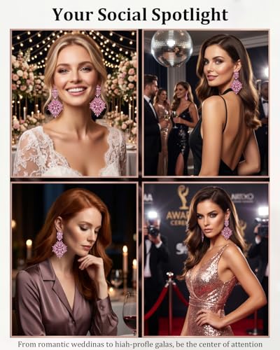 Silver Chandelier Earrings for Women Trendy, Oversized Big Crystal Rhinestone Statement Earrings Dangling Formal Pageant Earings Drag Queen Jewelry - color: Pink