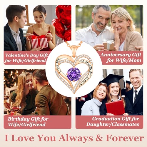 CDE Engraved Forever Love Heart Birthstone Necklace Jewelry Gifts for Women | Hypoallergenic,Nickel-Free & Lead-Free,3 x 3 mm 5A CZ Heart Pendant,Anniversary Christmas Birthday Gift for Girlfriend Wife - color: Birthstone-02-Feb, style: Rose Gold Plated-B