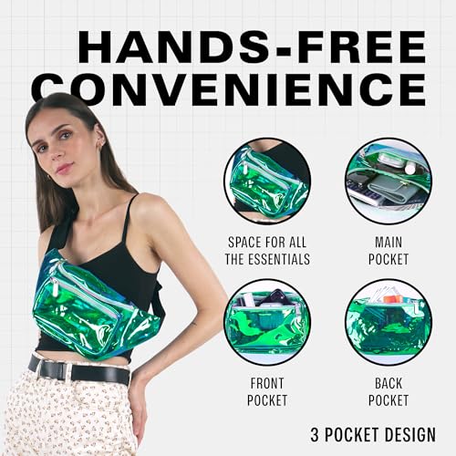 Fanny Pack Belt bag - Crossbody Waist Bag for Men or Women - Hands-Free, Waterproof Large Bumbag for Hiking, Running, and Travel (Holographic Transparent - Aqua) - color: Transparent - Aqua