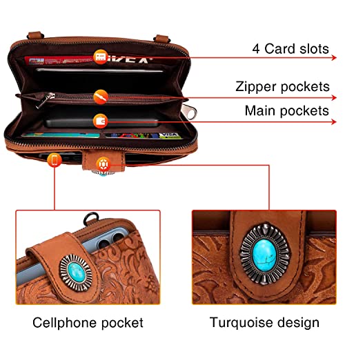 LAVAWA Women's Crossbody Handbag Small Vintage, Ladies Wallet Western Adjustable Phone Purse Clutch Turquoise Concho Embossed - color: Brown