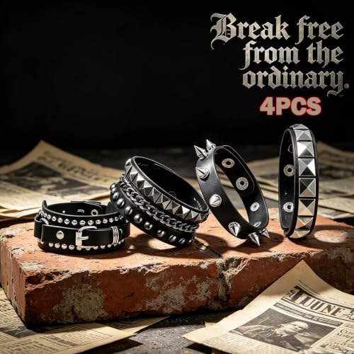 Handmade Black Leather Wrap Studded Bracelets for Women Men, 4Pcs Vintage Punk Wrist Cuff Bangle Wristband Emo Jewelry Gifts - style: Pin Buckle Style