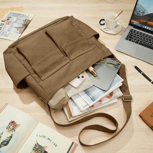 KALIDI Canvas Tote Bag Large Hobo Crossbody Shoulder Handbag Zipper Messenger Bag for Women or Men Casual College Work - color: Upgraded Brown