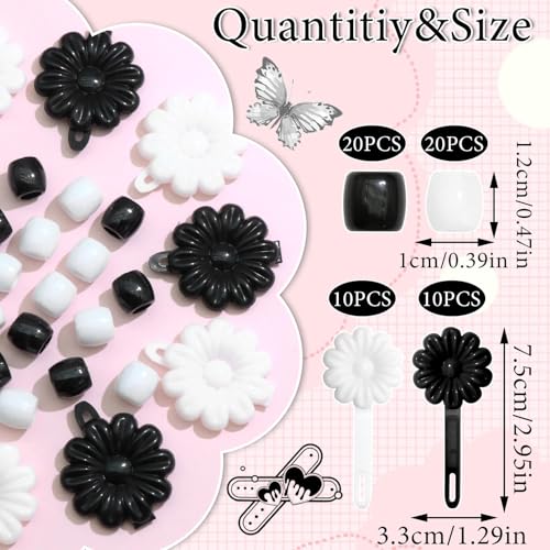 60PCS Black&White Braids Beads Cute Pony Beads for Hair Dreadlock Flower Self Hinge Hair Barrettes Loc Jewelry Accessories Plastic Hair Pins for Kids Girls - color: Black&White
