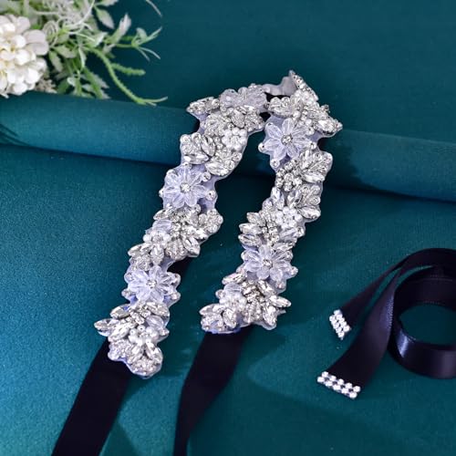 Rhinestone Wedding Bridal Belt for Women Formal Dress Handmade Crystal Beading Wedding Sash Belt - color: Black