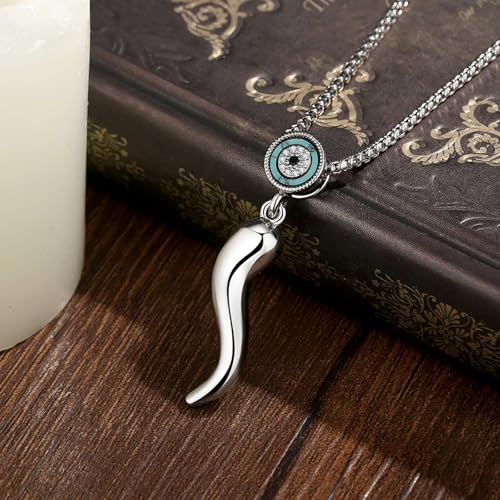 INFUSEU Italian Horn Necklace with Evil Eye for Women Protection Good Luck Gifts - color: Silver, style: Style A