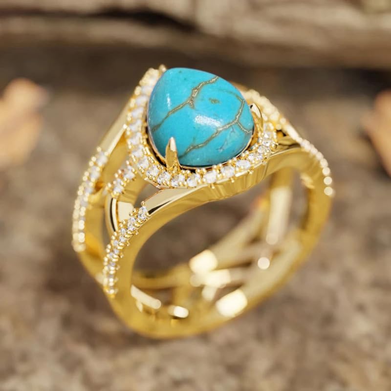 Hsitgexf Water Drop Pear Shaped 14k Gold Plated Blue Turquoise CZ Ring,Retro Boho Chic Jewelry Statement Birthstone Ring Anniversary Wedding Rings for Women Size 6-10（10） - size: US Size 10