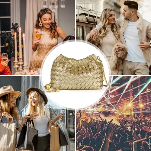 Joryin Woven Women's Crossbody Bag & Evening Purse, Trendy Dumpling Clutch & Hobo Cloud Shoulder Bag Trendy Dumpling Clutch - color: Woven Leather-champagne Gold