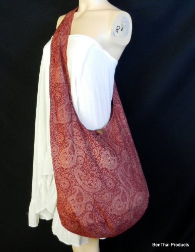 BTP! Thai Cotton Hippie Hobo Sling Crossbody Bag eco Friendly Shopping bag Paisley Print Large - color: Wine Pl24