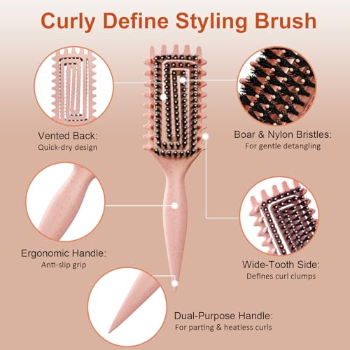 Curly Hair Brush, Curl Defining Brush with Soft Boar Bristles Detangling Tangled Glides, Wide-Teeth Design Effortlessly Shaping & Defining Curls, Curling Definer for Wet & Dry Hair (Beige) - color: Beige