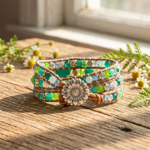 YGLINE Natural Stone Bracelet 5 Wraps Bracelet Handmade Blue Color Boho Bracelet for Women Bracelet - color: green