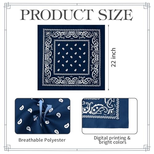 Blulu 12 Pack Neon Bandanas Bulk Multi Purpose Paisley Cowboy Bandanas for Men Women Headband Western Music Festival Rave - color: Denim Blue