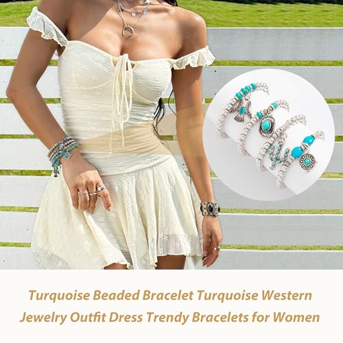Long tiantian Western Turquoise Beaded Bracelet Set for Women Stackable Cowgirl Bracelets Boho Concho Jewelry Country Concert Rodeo Outfit Accessories Gifts - color: C2:western bracelet for women