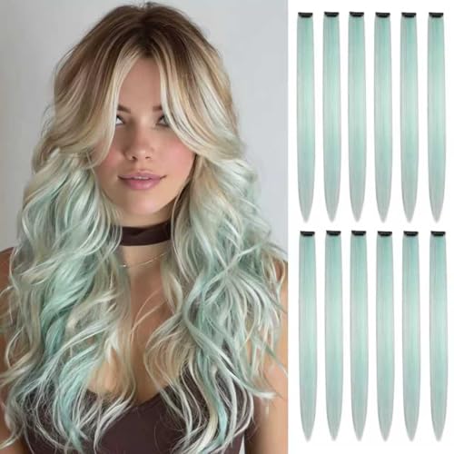12pcs Clip in Mint Green Hair Extensions, 22 Inch Rainbow Hair with Silver Tinsels, Colorful Party Highlights for Women - color: Mint Green