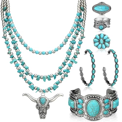 Ecally Bohemian Western Jewelry Turquoise Set Women Country Pendant Long Choker Layered Bracelets Earrings Ring for Women - color: Turquoise, style: Graceful