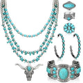 Ecally Bohemian Western Jewelry Turquoise Set Women Country Pendant Long Choker Layered Bracelets Earrings Ring for Women - color: Turquoise, style: Graceful
