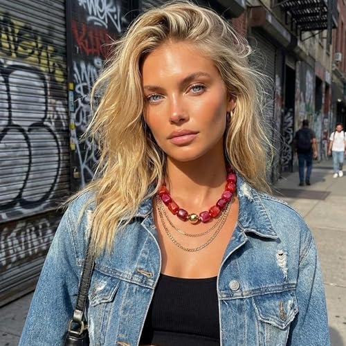 Mchic Colorful Beaded Choker Necklace for Women: Boho Large Square Acrylic Beaded Necklace Stainless Steel Adjustable Surfer Beach Strand Necklaces Summer Handmade Jewelry Gift for Women - color: Mix Red