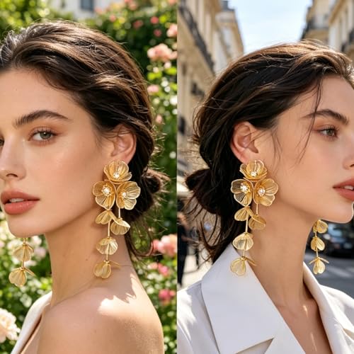 Gold Flower Earrings for Women Boho Orchid Earrings Floral Hoop Petal Earring Prom Wedding Jewelry - style: C:GOLD STYLE 2
