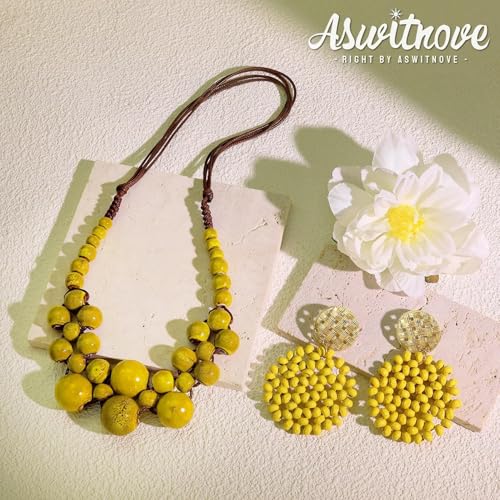 2 Pcs Hippie Boho Colorful Ceramic Beaded Necklace and Earrings Set for Women Adjustable Chunky Round Beads Strand Statement Necklace Colorful Summer Beaded Earrings Bohemian Jewelry Gift - color: Earth Yellow