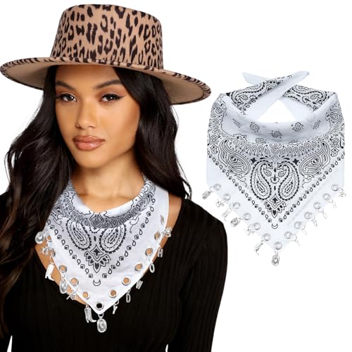AWAYTR 100% Cotton Bandana for Cowgirl Western Cowboy Costume, 21 Inch Paisley Scarf with Grommet Western Ornaments - color: White
