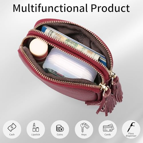 SENDEFN Coin Purse Keychain Small Genuine Leather Women Wallet 2 Zippers Around Key Ring Change Pouch Cash Holder - color: 3-Red