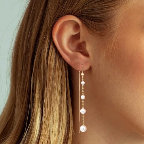 NECOCY Gold Dangle Earrings for Women Non Tarnish 14K Gold Plated Drop Wedding Hypallergenic Earring Dainty Long Hanging Chain CZ Pearl Threader Earrings Trendy Silver Plated Jewelry for Women - style: Gold&Style1