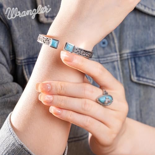 Montana West Wrangler Cuff Bracelet for Women Western Turquoise Adjustable Open Bangle Silver Plated Carved Floral Cowgirl Country Jewelry - color: Silver-Turquoise