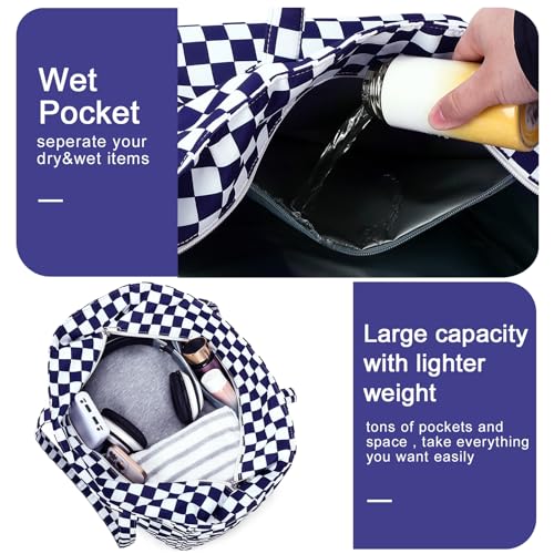 Bluboon Waterproof Beach Tote Pool Bags for Women Ladies Extra Large Carry On Bag With Wet Compartment for Weekender Travel - color: Dark Blue White Checkered