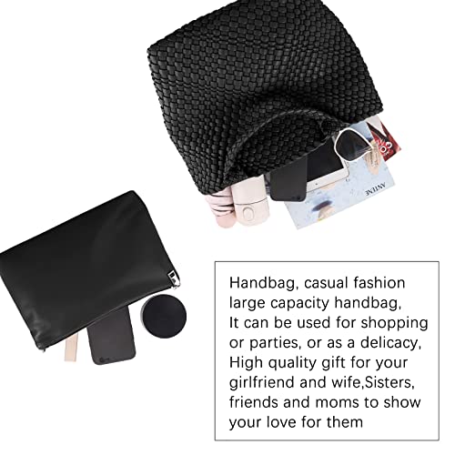 Hand Woven Bag Tote BagS For Women Top Handle Shoulder Vegan Leather Large Travel Beach Hobo Handbag - color: Black-a
