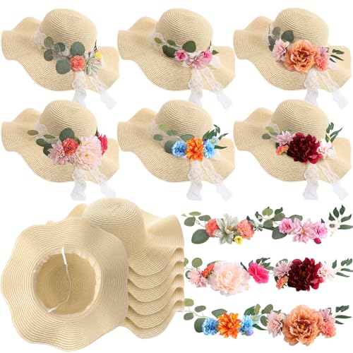 6 Sets DIY Tea Party Straw Hats Kit DIY Straw Hat for Women Blank Sun Hats - style: Vintage Peony