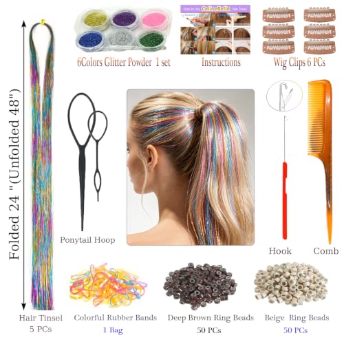 Celinebella Rainbow Mixed Hair Tinsel, 48" 1250 Strands Multicolor Shimmer | Vibrant 7-color rainbow mixed strands, bold colorful shimmer, heat resistant, ideal for carnivals cosplay festivals parties - color: 19-Rainbow Mix, size: 48 Inch Pack of 5Pcs