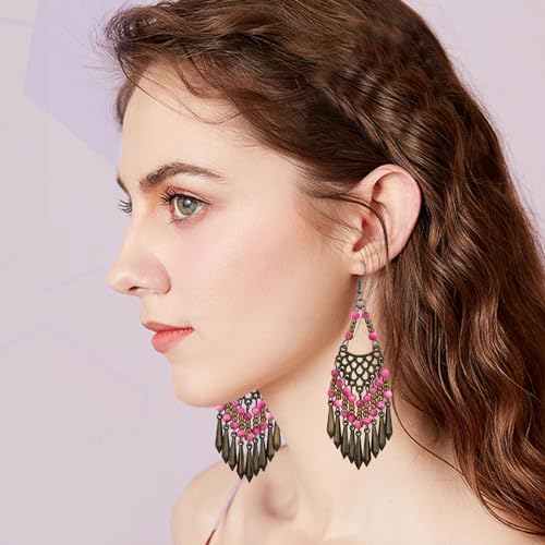 Handmade Vintage Bronze Bohemian Long Tassel Colorful Bead Dangle Drop Earrings Big Tribal Chandelier Geometry Hook Earrings for Women Statement Jewelry Gifts - color: Pink