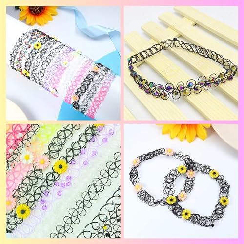 BodyJ4You 12PC Tattoo Choker Necklace for Women - 90s Choker Necklaces Y2K Fashion Trendy Vintage - Emo Black Choker Rainbow Pink White Purple Neon Green Blue Daisy Flower - color: Black, Rainbow, Purple