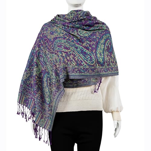 AUSEKALY Pashmina Feel Shawls Wraps for Women Rave Scarf Soft Silky Reversible Men Scarves - color: Purple Yellow