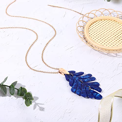 ARATLENCH Acrylic Pendant necklace Earrings – Long Statement Leaf Charm Necklace Tortoise Resin Palm Leaf Earrings Fashion Necklaces Earrings for Women - color: deep blue necklace