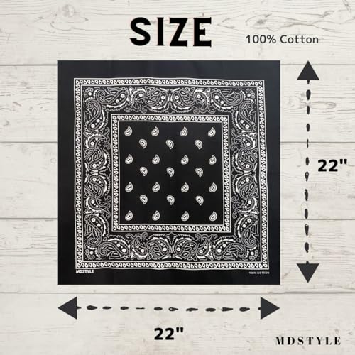 MDSTYLE 6 Pack 100% Cotton Bandanas 22” x 22" for Men & Women Paisley Handkerchief Headband Scarf Bandana - color: Black