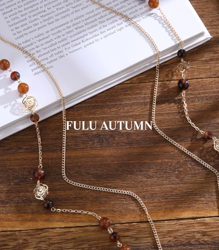 FULU AUTUMN Boho Gold Long Necklaces for Women Natural Stone Beaded Layered Long Necklace Mothers Day Gifts Dainty Flower Costume Jewelry for Women - color: Dark Coffee